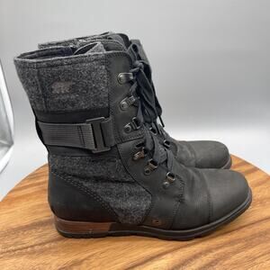 Sorel Major Carly Boots Womens 9 Black Gray Leather Wool Lace Up Moto Combat